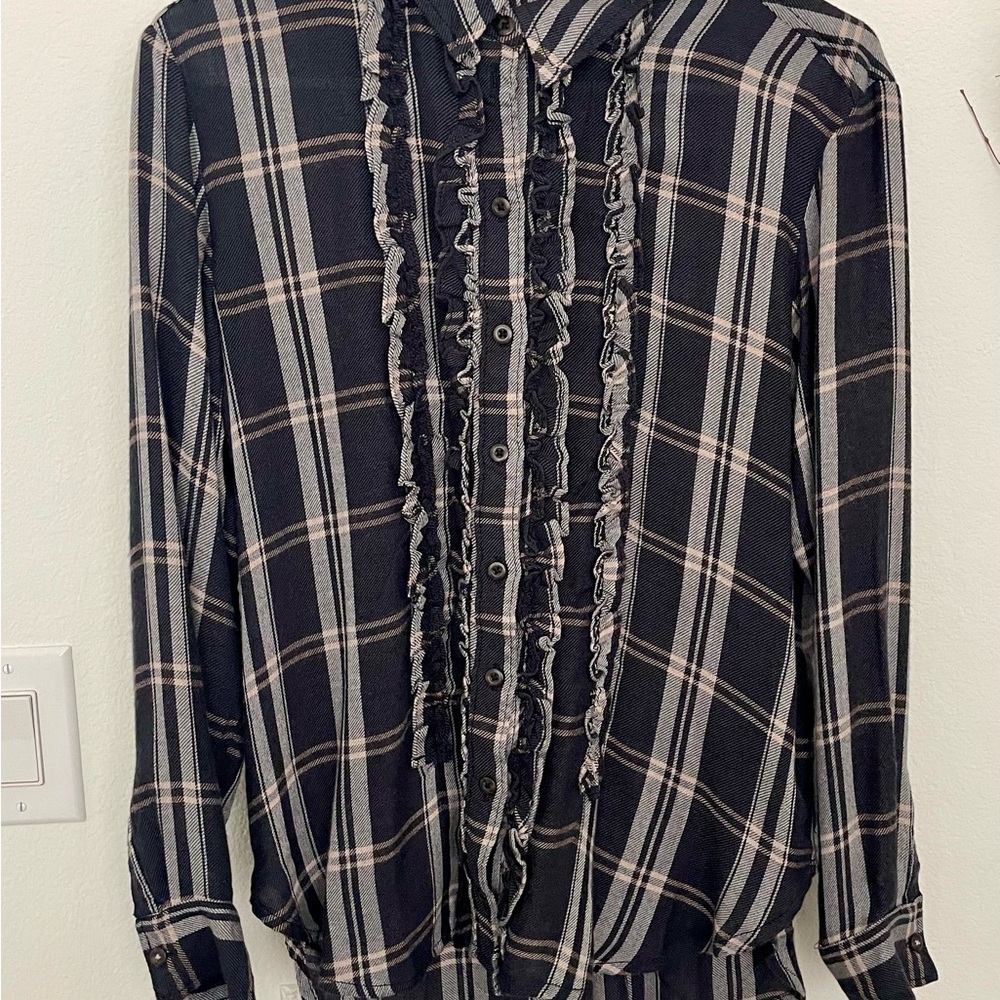 Black and White Ruffled Button Down Shirt with Long Cuffed Sleeves